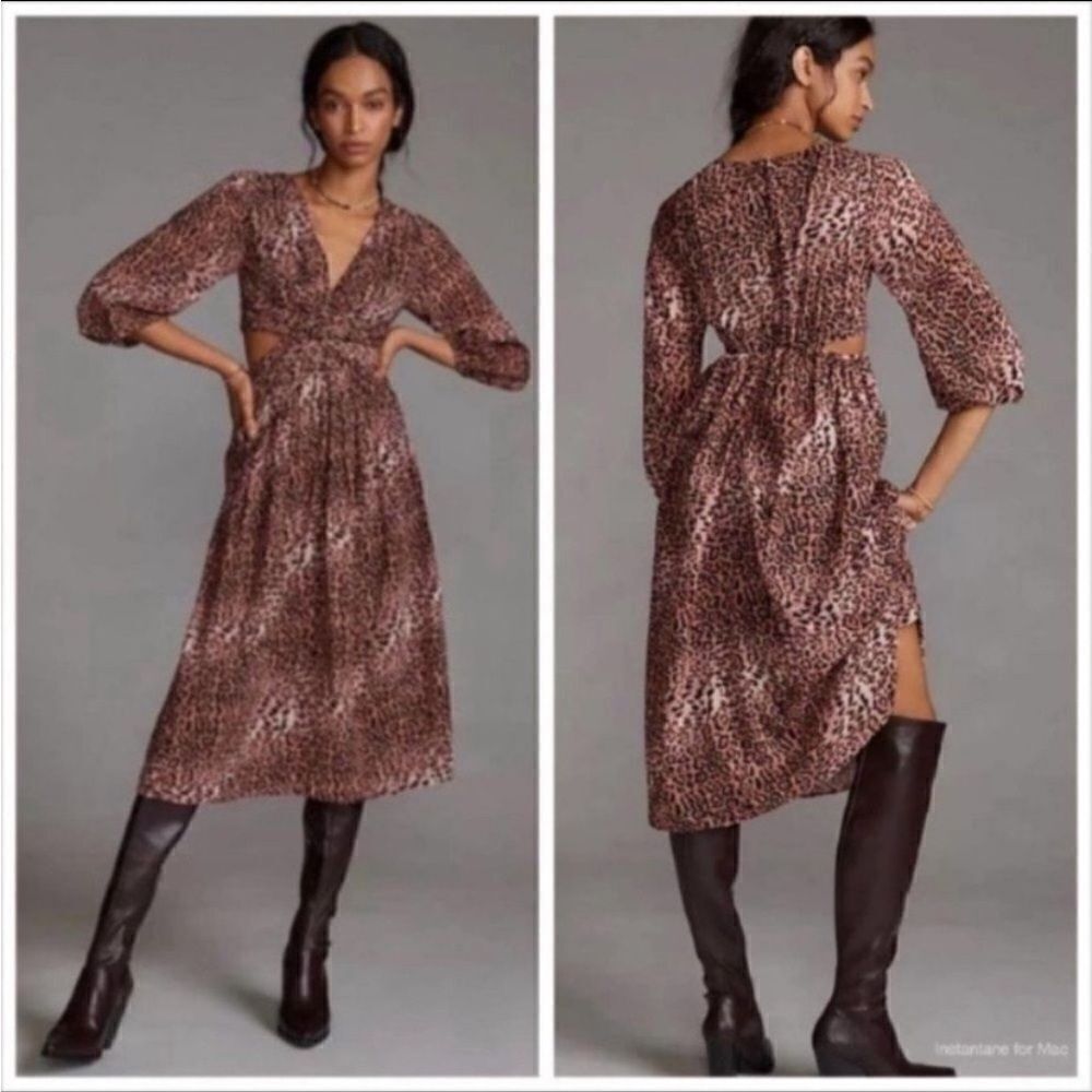 NWT ANTHROPOLOGIE x RANNA GILL Leopard Print Cutout Midi Dress S